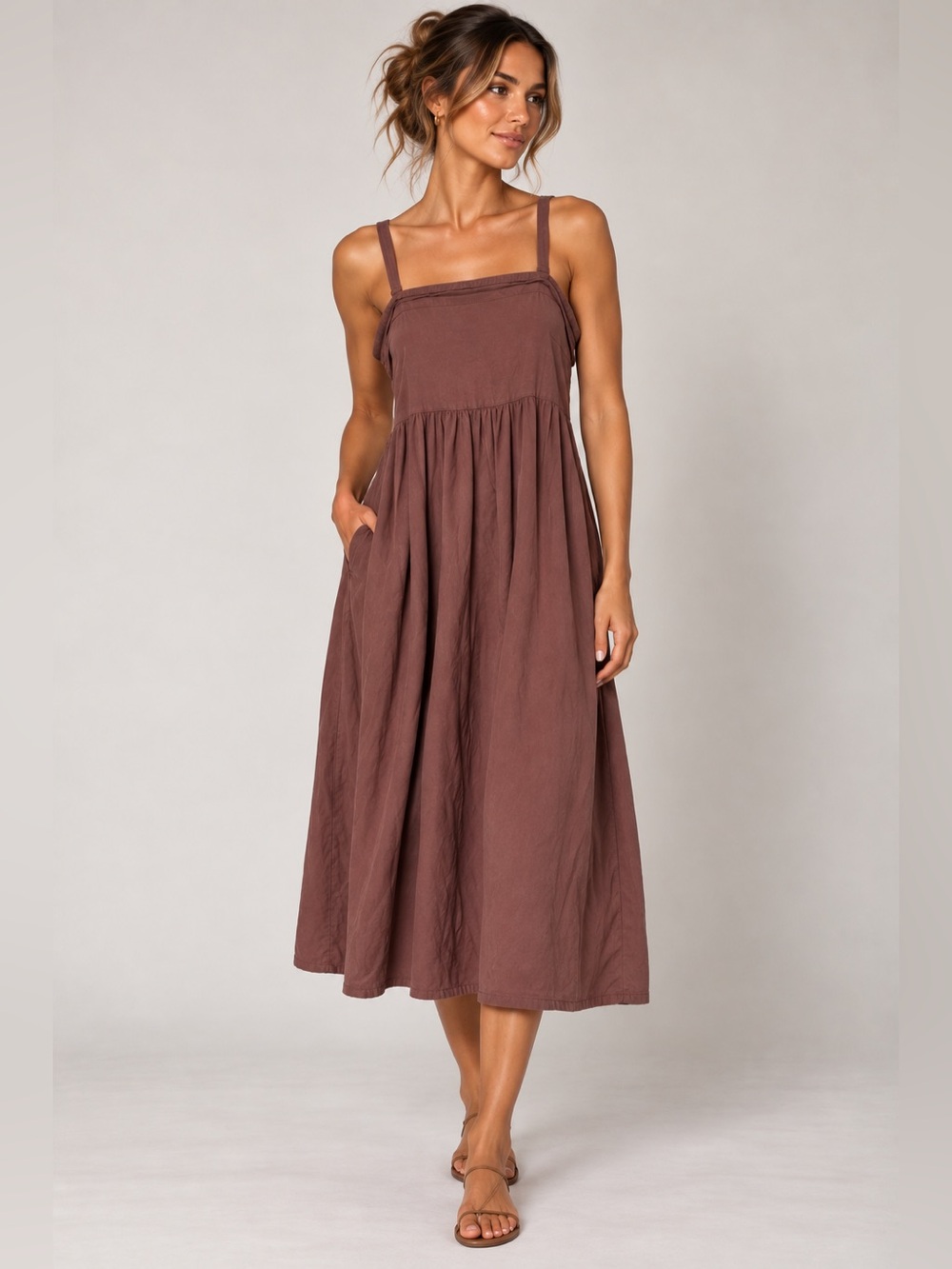 Joie Mauve Brown Sleeveless Linen Blend Casual Midi Dress Size 6